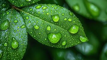 close up of vibrant green leaves adorned with morning dew droplets, showcasing nature beauty photo