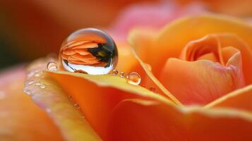 close up of raindrop on vibrant orange rose petal, showcasing nature beauty photo