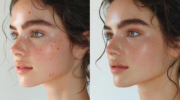Side view of woman's face showing before and after freckles and skin texture improvement. photo