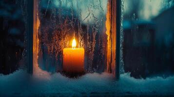 Candle glowing warmly through frost covered window, creating cozy atmosphere photo