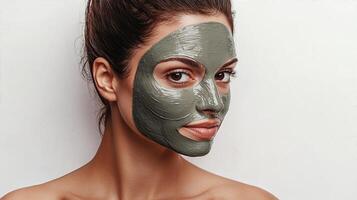 Brazilian woman relaxing with a clay mask on her face, capturing her dedication to radiant, rejuvenated skin through her beauty routine. photo