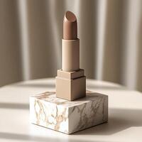 mockup of realistic taupe lipstick on marble pedestal, showcasing elegance photo