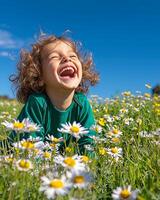 Digital detox and connecting with nature, a happy child laughing in a sunny flower field. photo