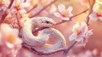 White snake among plum blossoms, symbolizing Chinese Lunar New Year in a serene setting. photo