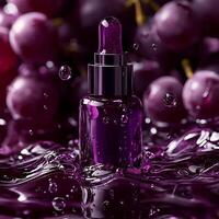 Mockup of Luxurious purple serum bottle surrounded by grapes and water droplets photo