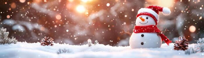 Snowman in snowy landscape with Christmas elements and warm light photo
