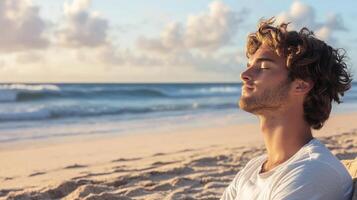Digital detox and connecting with nature, man relaxing on the beach during sunrise. photo