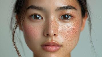 Close-up of Asian woman's face showing before and after freckles, highlighting skin texture differences. photo