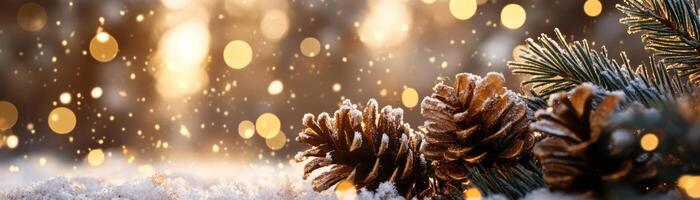 Close-up of snowy pine cones and evergreen branches with warm Christmas lights in a festive winter scene. photo