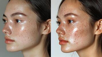 Close-up comparison of freckled skin before and after acne treatment, showing texture and pore changes. photo