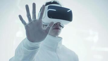 Close-up of a person wearing a VR headset, reaching forward in an immersive virtual reality. photo
