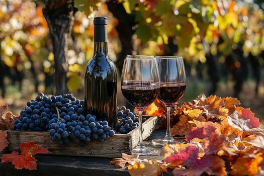 A picturesque autumn vineyard scene showcases a bottle of red wine, two glasses, and a crate of grapes on a rustic table, all framed by the vibrant colors of fall leaves. photo