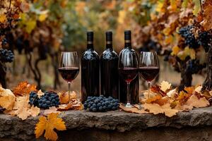 A charming autumn vineyard scene with a bottle of red wine, two glasses, and a grape crate on a rustic table amid vibrant fall leaves. The essence of autumn with red wine and grapes on a rustic table. photo