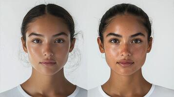 Front view of Hispanic woman's face showing before and after freckles, highlighting skin tone and texture. photo