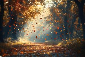 Autumn leaves falling on a sunlit forest path photo