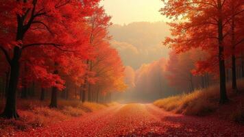 Path lined with red maple trees in autumn glow photo