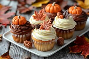 These autumn-themed cupcakes, decorated with pumpkins, leaves, and acorns, are topped with luscious frosting, making them the perfect sweet treat for any fall occasion. photo