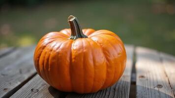 Single Pumpkin on Wooden Surface photo