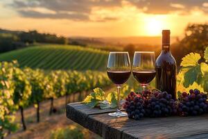 In the fading sunset light, a serene vineyard scene emerges with a wine bottle, two brimming glasses, and fresh grapes on a rustic table, all warmly illuminated, capturing a sense of tranquil beauty. photo