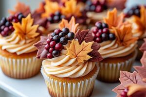 These delightful autumn cupcakes are topped with rich frosting and decorated with seasonal accents like pumpkins, leaves, and acorns, capturing the essence of fall celebrations. photo