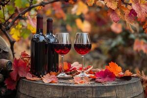 Amidst the vibrant fall leaves, a cozy vineyard setting comes to life with a bottle of red wine, two filled glasses, and a crate of grapes resting on a rustic table, embodying the essence of autumn. photo