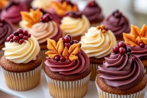 Delicious autumn themed cupcakes with creamy frosting festive decorations like pumpkins leaves and acorns perfect for fall celebrations Ideal for autumn gatherings photo