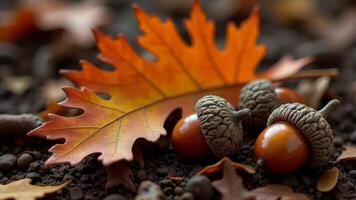 Close-up of autumn leaf with acorns on forest floor photo