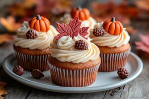 Festive autumn-themed cupcakes are beautifully frosted and embellished with decorations of pumpkins, leaves, and acorns, ideal for adding a seasonal touch to any fall event. photo