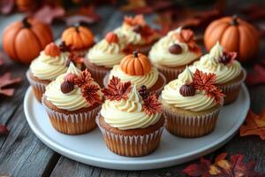 Celebrate the fall season with delicious cupcakes, topped with creamy frosting and adorned with pumpkin, leaf, and acorn decorations, bringing a touch of autumn to your table. photo