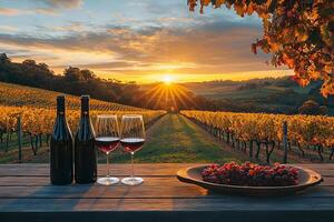 As the sun sets, golden light bathes a tranquil vineyard, highlighting a rustic scene with a wine bottle, two full glasses, and ripe grapes on a weathered table, evoking peaceful rustic charm. photo