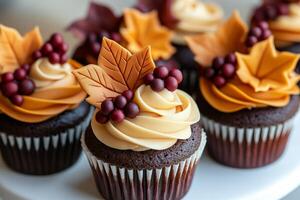 Autumn-inspired cupcakes are adorned with creamy frosting and festive decorations, featuring charming pumpkins, leaves, and acorns, making them perfect treats for fall gatherings. photo