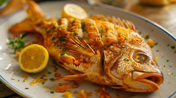 A large fish with lemon slices on it photo