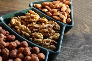 different types of nuts, Various snacks for the New Year table in a plate in the shape of a Christmas tree. photo