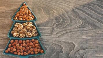 different types of nuts, Various snacks for the New Year table in a plate in the shape of a Christmas tree. photo