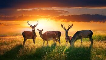 A group of four deer stand in a field of tall grass at sunset. The deer are silhouetted against the bright orange and red sky. photo