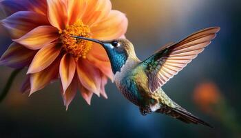 A vibrant hummingbird hovers in mid-air, feeding on nectar from a large, orange flower. The bird's wings are blurred, creating a sense of motion and the image is bathed in warm, golden light. photo
