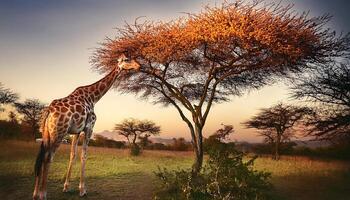 A giraffe reaches high to eat leaves from a tree in a savannah setting, as the sun sets in the distance. photo