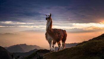 A lone llama stands on a hilltop at sunset, overlooking a vast mountain range. The sky is ablaze with vibrant colors, creating a dramatic backdrop for the majestic animal. photo