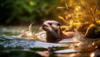 A Eurasian otter swims in a river, its fur glistening in the sunlight. The otter's whiskers twitch as it looks alertly at something off-screen. photo