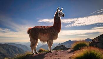 A llama stands on a mountain peak, looking out over a valley with a clear blue sky and fluffy clouds. photo
