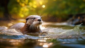 A smooth-coated otter swims in a river with a splash of water in front of it, in a forest. photo