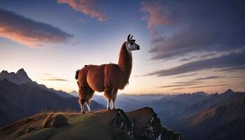 A llama stands on a mountaintop at sunset, looking out over a range of mountains. photo