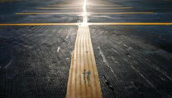A close-up view of an empty parking lot with yellow lines and a bright light reflecting off the concrete. photo