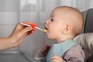 A mother feeds porridge from a spoon to a little boy who is 8 months old. Feeding infants. Copy space for text photo