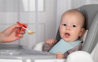 A mother feeds porridge from a spoon to a little boy who is 8 months old. Feeding infants. Copy space for text photo