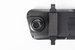Car mirror with rear view camera and recorder on a white background, isolate, close-up. Copy space for text photo