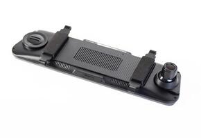 Car mirror with rear view camera and recorder on a white background, isolate, close-up photo
