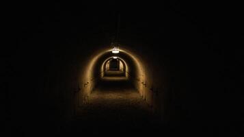 A long dark tunnel of a bomb shelter with a light at the end of the tunnel. Shelter of a bomb shelter in wartime. photo