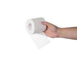 Roll of toilet paper in a man's hand on a white background, isolate. Close-up, hygiene photo