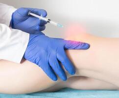 Modern knee injection to restore joint mobility and relieve inflammation and pain, close-up. Lateral gonarthrosis photo